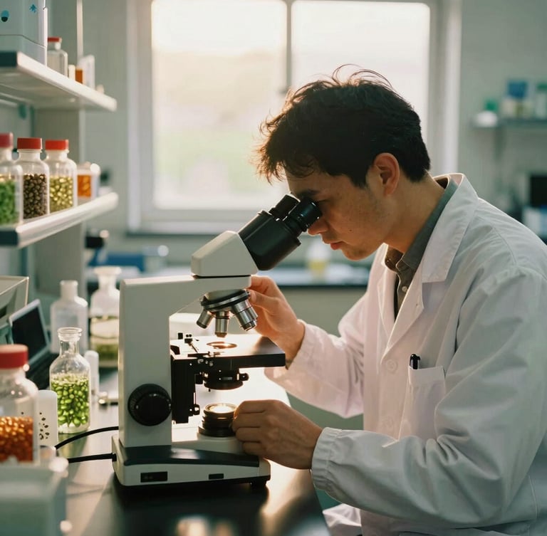 Crisp daylight shot of a modern agricultural laboratory, a scientist in a white coat using a microscope to inspect seed structures, warm golden sunlight streaming through a window, shallow depth of field, 35mm
