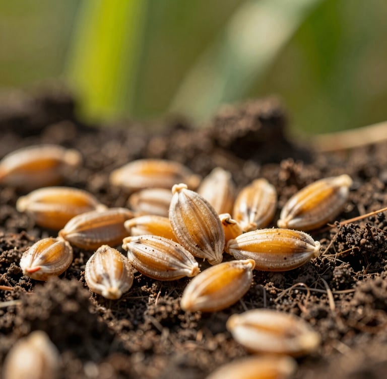 Macro close-up of golden wheat seeds resting on rich dark soil, warm morning sunlight highlighting organic textures, shallow depth of field, 35mm