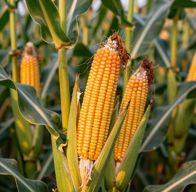 Vibrant close-up of heavy-yielding corn cobs growing on stalks in a sun-drenched Indian field, golden-hour light, shallow depth of field