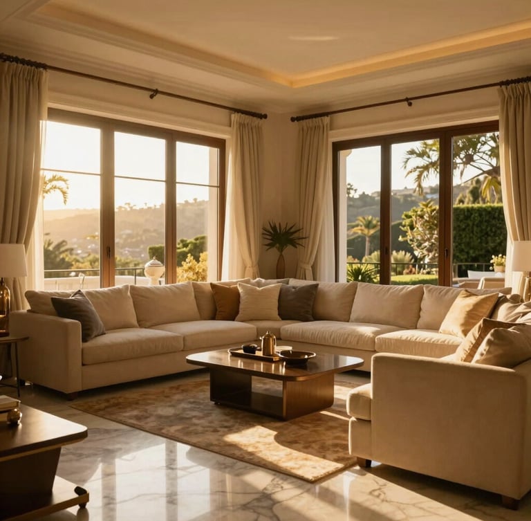 Warm editorial photography of a sun-drenched luxury villa living room in Quinta do Lago, golden-hour light streaming through large windows onto immaculate marble floors, 35mm.