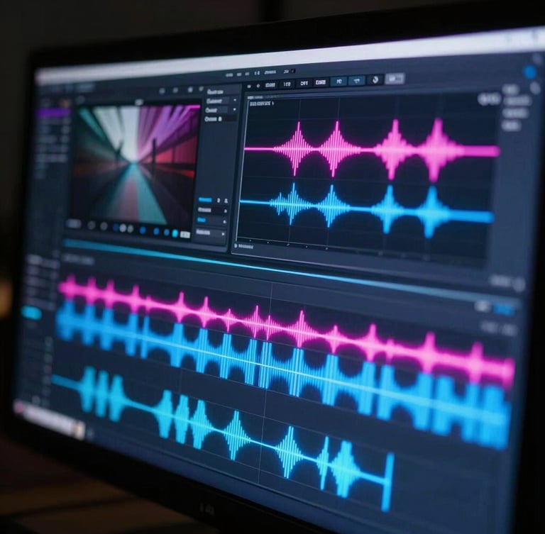 Extreme close-up of a video editing timeline on a color-grading monitor, glowing neon blue and magenta audio waveforms, sharp UI details, dark studio background, cinematic lighting.