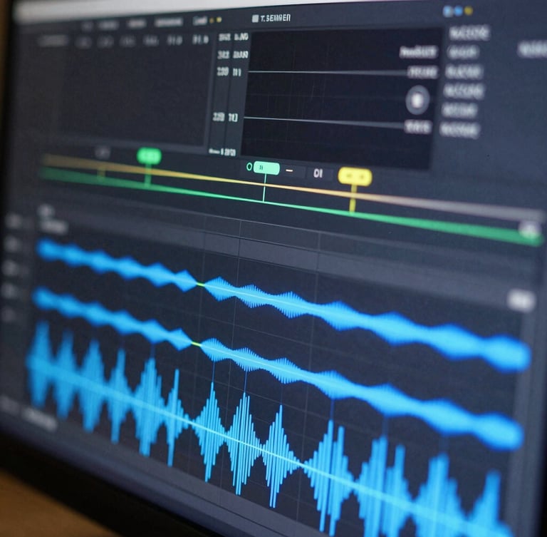 Extreme close-up of a video editing timeline with bright blue audio waveforms and neon marker points on a dark monitor screen.