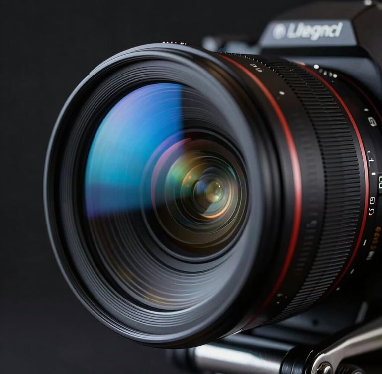 Extreme close-up of a camera rig with neon blue ambient screen glow reflecting on the lens, dark studio setting, high-contrast lighting, sharp focus.
