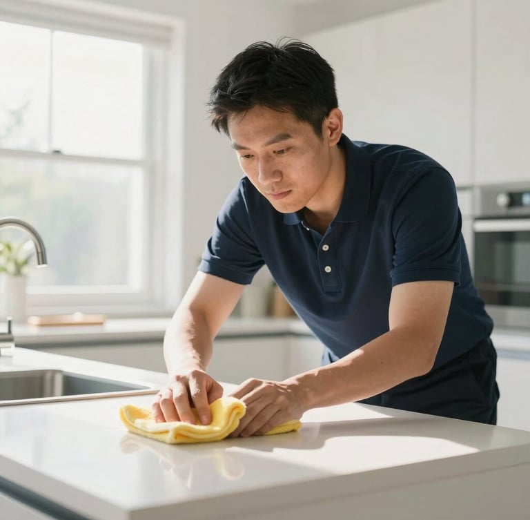 A professional cleaner in a neat navy polo polishing a modern kitchen counter, bright natural daylight streaming through a window, soft focus, editorial style, 35mm.
