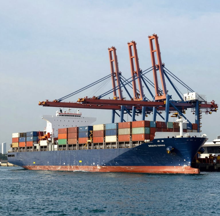 Wide-angle industrial shot of a massive container ship loading at the Port of Singapore, overcast morning light, deep blue water, towering cranes, high-visibility operations.