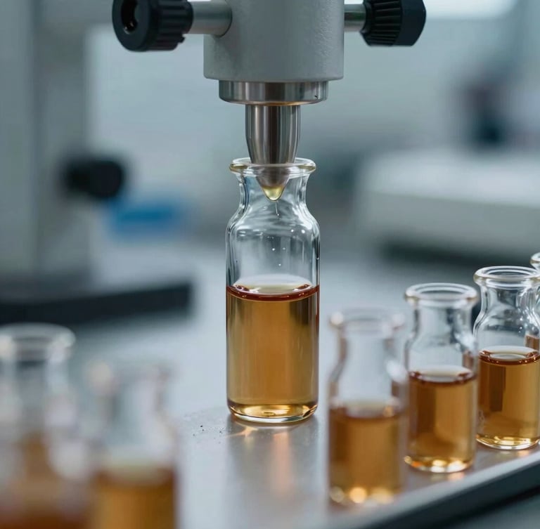 Industrial laboratory testing of feedstock samples, macro shot of glass vial with amber liquid, cool technical lighting, sharp focus on testing equipment.