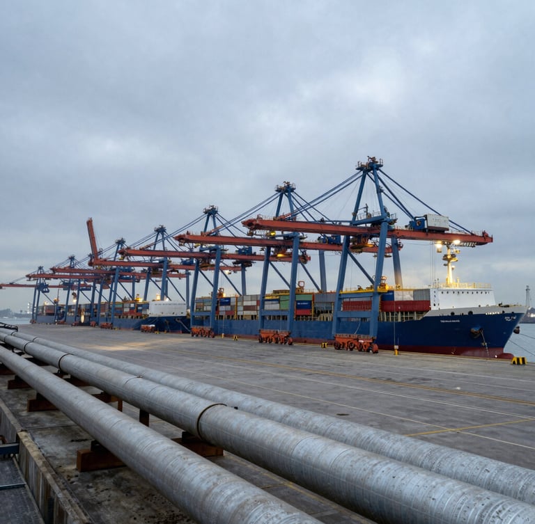 Wide environmental shot of a massive industrial terminal at an overcast harbor, cargo vessels docked, steel pipelines running to the foreground, cool morning light.