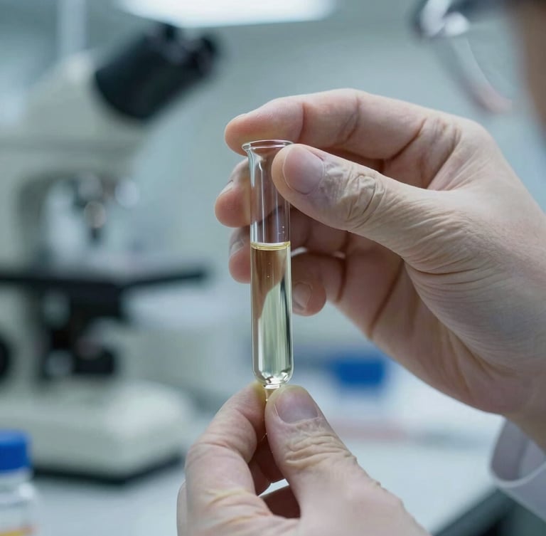 Macro close-up of a technician in a cool-lit laboratory testing a liquid biofuel sample in a glass vial, technical equipment blurred in the background.