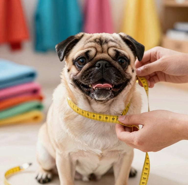 Close-up of hands gently measuring a happy pug with a soft yellow measuring tape in a sunlit workshop, colorful fabrics in the background, shallow depth of field