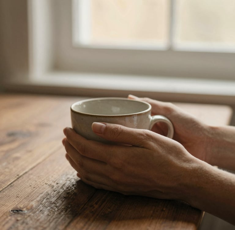 Close-up of hands gently holding a warm ceramic mug on a rustic wooden table, soft morning window light, earthy muted tones, shallow depth of field