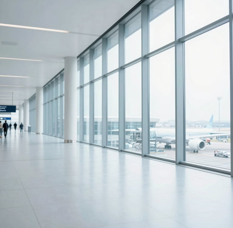 A clean, modern airport terminal corridor with bright natural daylight streaming through high windows, minimal architectural lines, cool blue tones
