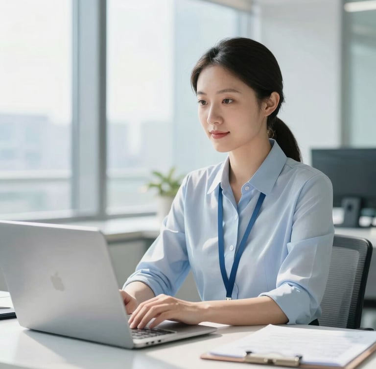 A professional travel specialist working in a bright, modern office space with clean daylight, looking focused and reassuring