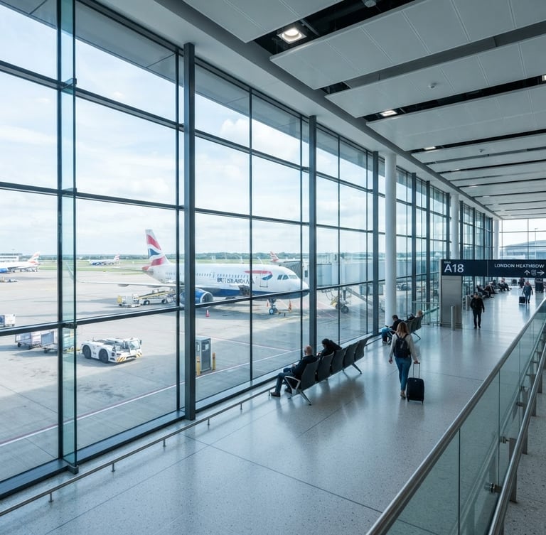 Bright modern airport terminal interior with floor-to-ceiling glass windows, a clean airplane silhouette visible on the tarmac, cool daylight casting soft shadows, professional editorial photography