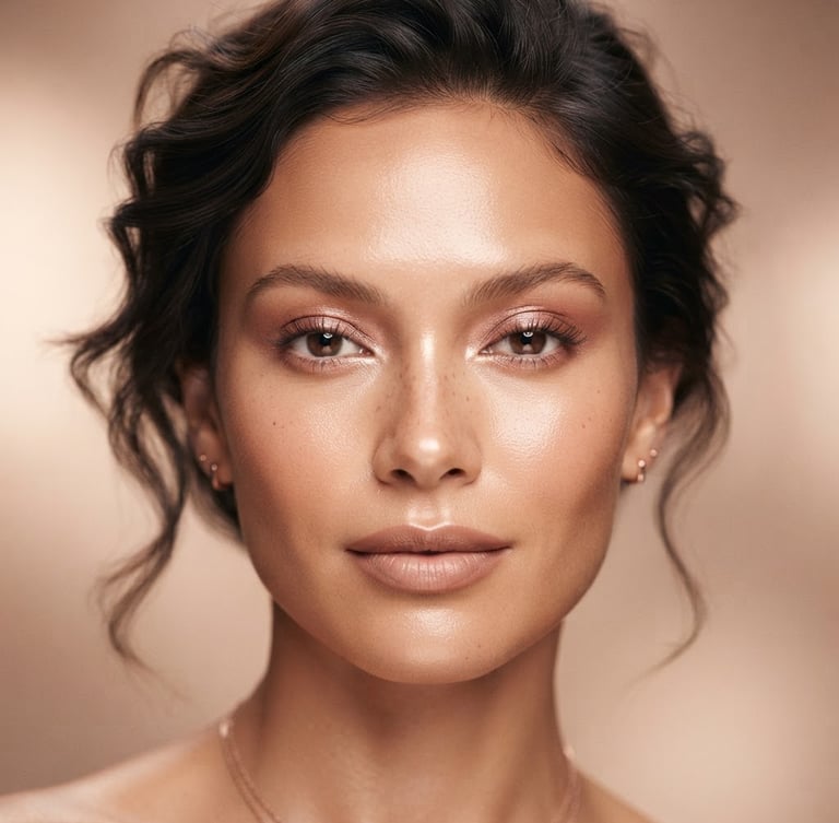 Luxurious editorial beauty photography, close-up of a professional makeup model with luminous skin, warm diffused studio lighting, rose gold tones, shallow depth of field, 8k
