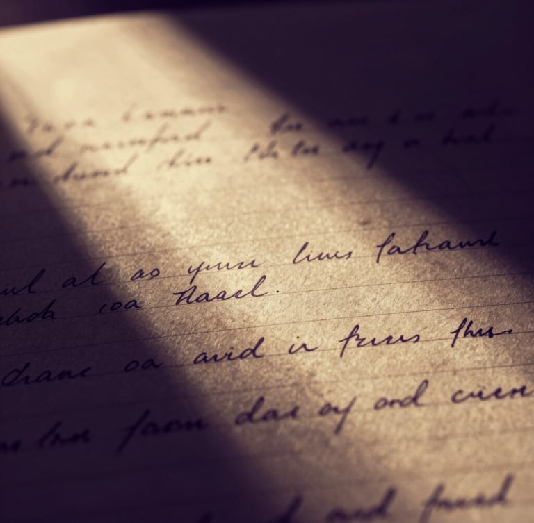 Macro shot of a vintage screenplay script page with handwritten notes, dramatic shadows, warm gold highlights, high-contrast low-key lighting, 35mm.