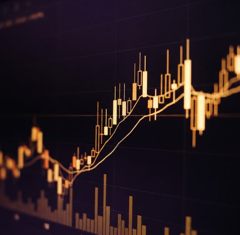 Macro shot of a financial chart glowing on a dark screen, high-contrast low-key lighting, deep purple shadows, warm gold highlights, sharp focus, 35mm.