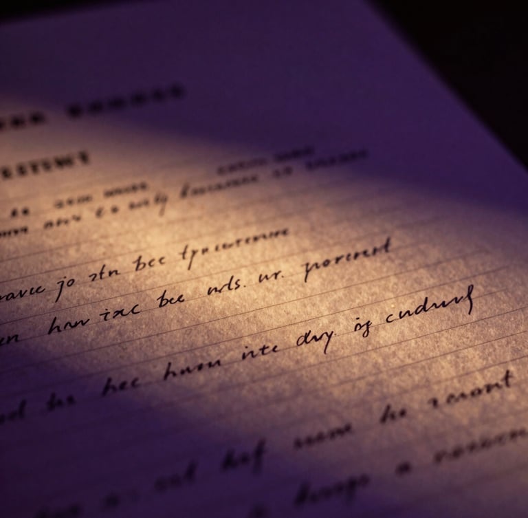 Macro photograph of a vintage screenplay script with handwritten notes, dramatic side lighting, deep purple shadows, warm gold highlights.