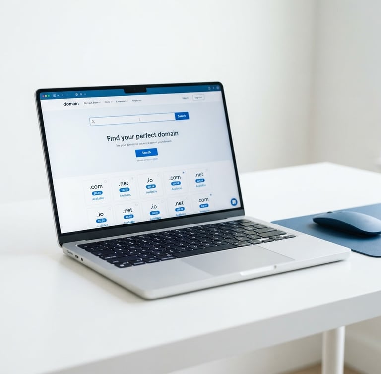 Sleek modern laptop on a clean white desk displaying a domain registration screen, bright high-key studio lighting, minimalist blue accents, sharp focus