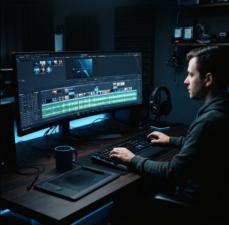 moody cinematic technology photography, low-key studio lighting, deep shadows with sharp electric blue accents, a clean developer workspace with a high-end monitor showing a video editing timeline, ultra-sharp focus, 35mm