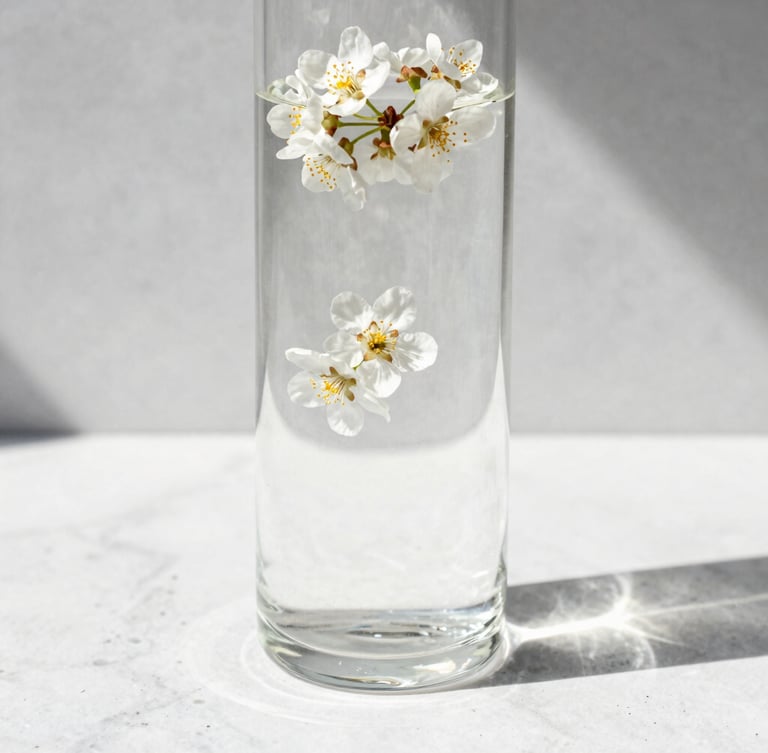 Macro product photography of delicate white orange blossoms floating in a pure glass extraction vessel, sharp architectural sunlight, white stone background