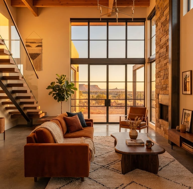 Warm editorial architectural photography of a sun-drenched modern luxury living room in Hobbs, straight vertical lines, golden hour window light, rich saturated tones.