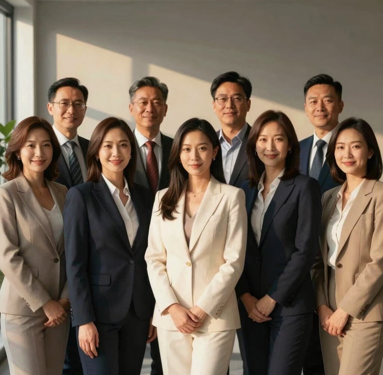 A professional and warm team portrait of real estate agents in natural light, elegant attire, warm gray background