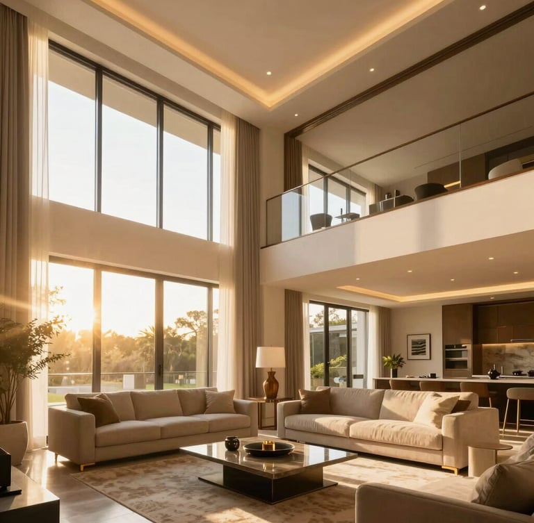 Bright sun-drenched modern home living room with high ceilings, warm golden-hour window light, luxury finishes, architectural photography