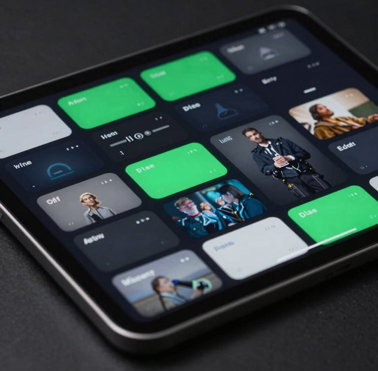 Macro shot of a physical Android tablet displaying a high-contrast dark mode user interface, sharp focus on adaptive layout grid, cool studio lighting with electric green accents.