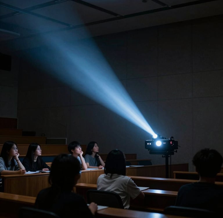 Cinematic side-lit photograph of a dark lecture hall in Hong Kong, a single projector beam cutting through the gloom, silhouettes of attentive students, cool cyan atmosphere.