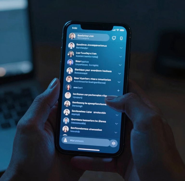 Cinematic close-up of a glowing smartphone screen displaying a video comment section in a dark room, cool blue and cyber-cyan light reflecting on hands, shallow depth of field