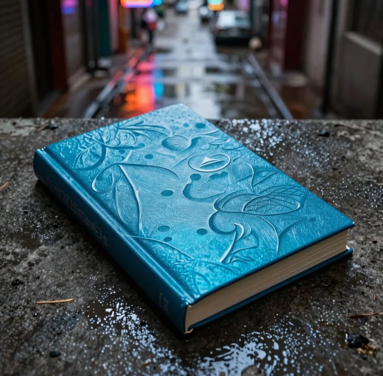 A moody, high-contrast side-lit portrait of a physical book cover with metallic cyan embossing, resting on a dark concrete surface in a rain-slicked Hong Kong alleyway at night, neon reflections.