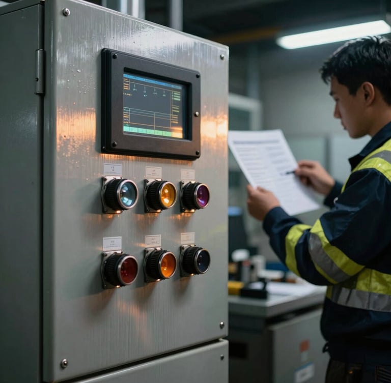Close-up of a ruggedized industrial control panel with high-contrast steel reflections, an engineer in high-visibility safety gear with reflective stripes analyzing schematics in the background, dramatic industrial lighting, cool metallic tones with amber accents, sharp focus, 35mm lens