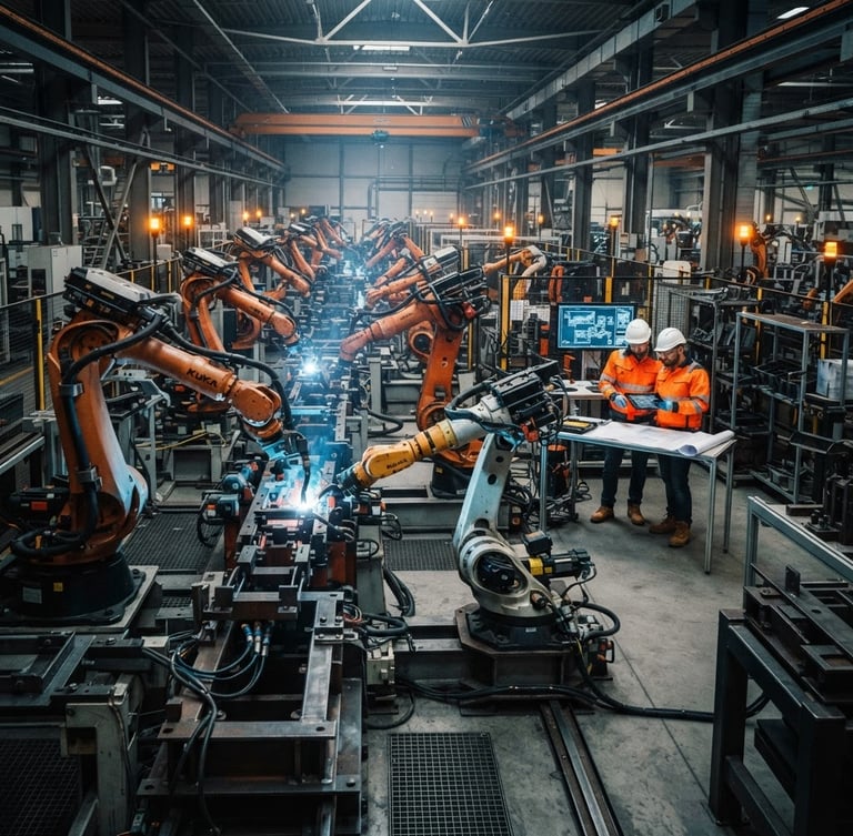 Wide shot of an automated factory floor with robotic arms, high-contrast steel reflections, cool metallic tones with amber accents, sharp focus, 35mm lens, industrial dramatic photography, engineers in high-visibility safety gear analyzing schematics in the background.