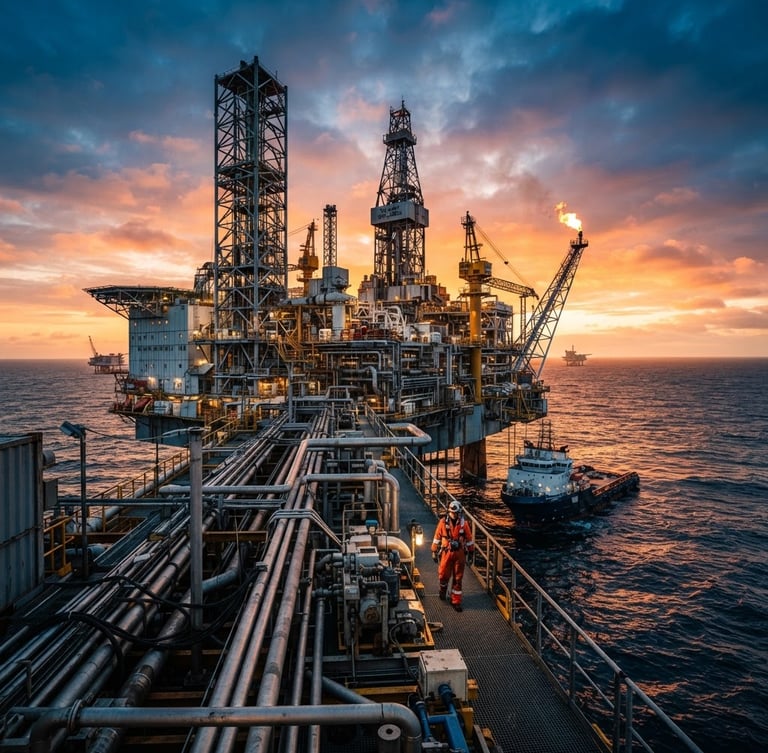 Wide panoramic view of an offshore oil rig at sunset, dramatic industrial lighting, high-contrast steel reflections, cool metallic tones with amber accents, sharp focus, 35mm lens, engineer in high-visibility safety gear visible on the deck.