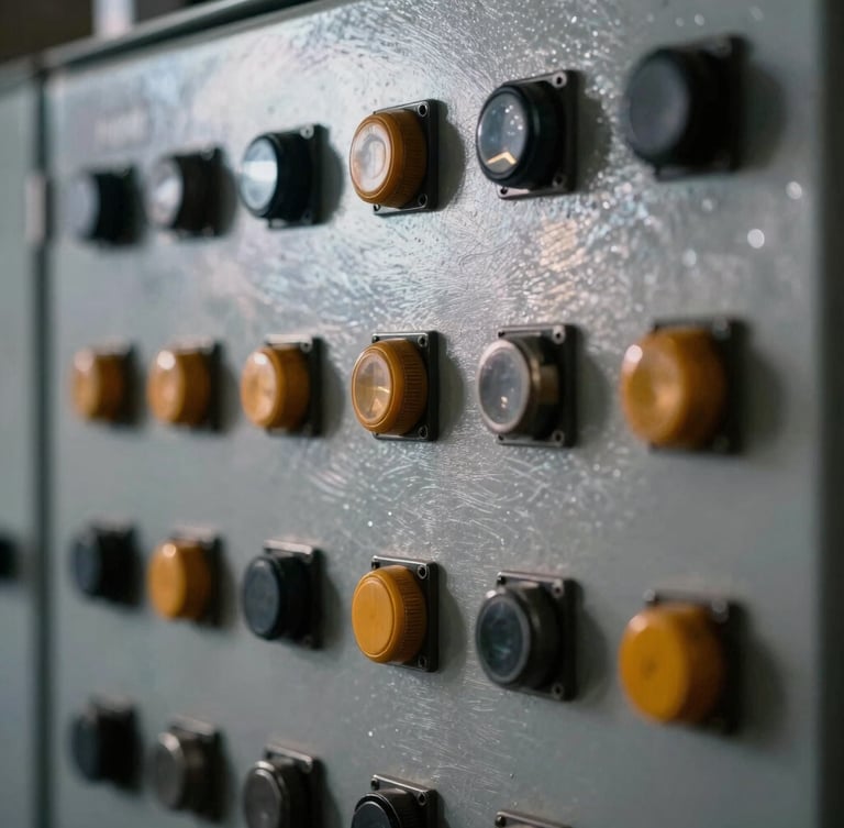 Close-up of ruggedized industrial control panel, high-contrast steel reflections, amber accents, sharp focus, 35mm lens, no text.