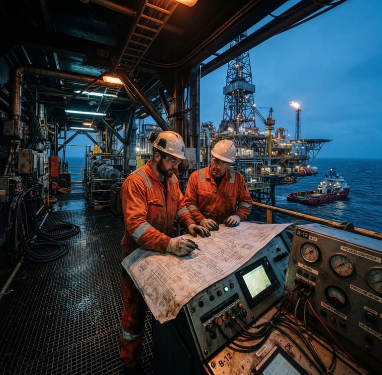 Wide panoramic industrial dramatic photography, high-contrast steel reflections, two engineers in high-visibility safety gear analyzing schematics on a ruggedized control panel, offshore oil rig in the background, cool metallic tones with amber accents, sharp focus, 35mm lens.