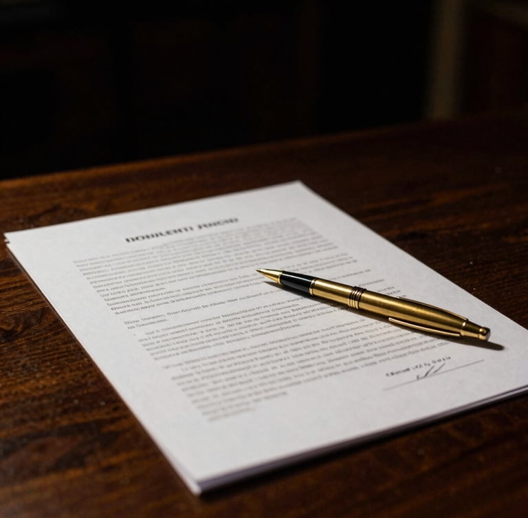 Close-up of signed legal documents on a dark wood desk, low-key lighting, dramatic side-lighting, polished brass pen, high contrast, 35mm film.