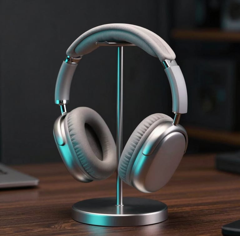 Vertical portrait shot of premium over-ear headphones resting on a sleek metallic stand, soft cyan ambient light reflecting off brushed aluminum, dark workspace background.