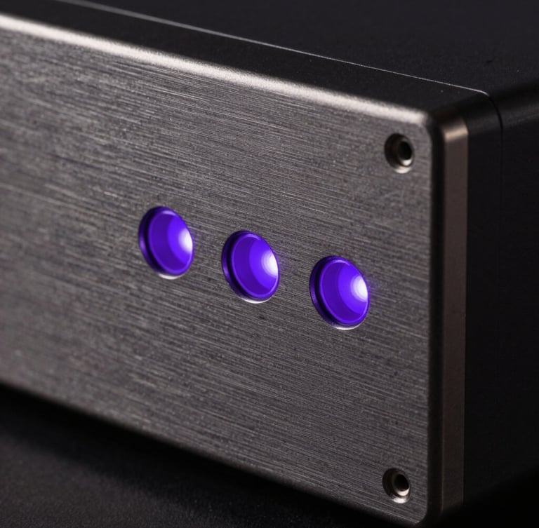 Macro close-up of a dark brushed titanium server panel, glowing violet indicator lights, clean geometric lines, low-key lighting, architectural shadow play