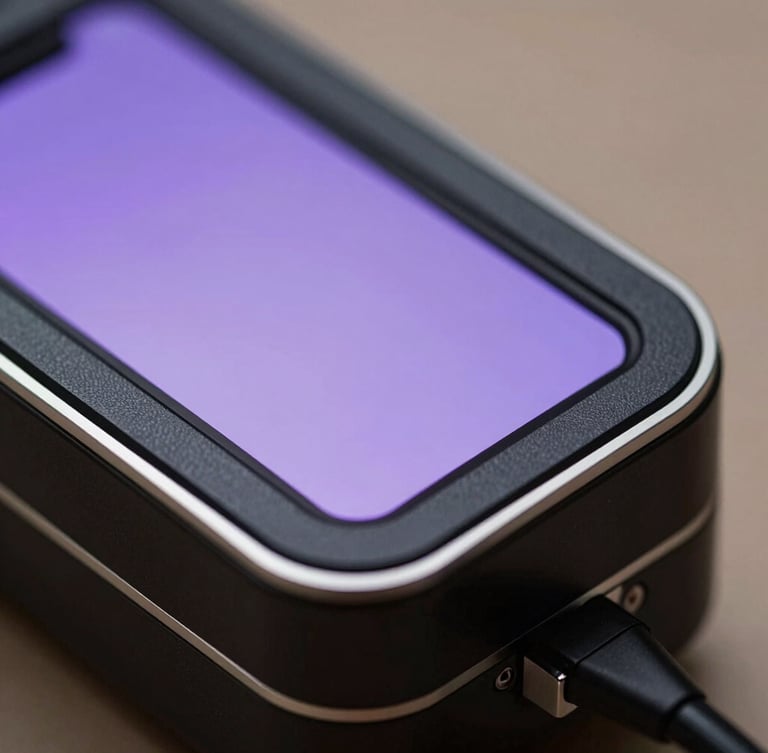 Macro close-up of a premium matte-black metallic card reader, razor-thin silver edge, soft purple screen glow, high-end developer tool aesthetic.