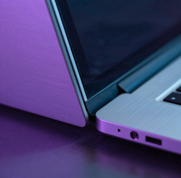 Macro close-up of a premium brushed aluminum laptop hinge and glass screen under moody, low-key violet and cyan ambient backlighting, technical aesthetic.