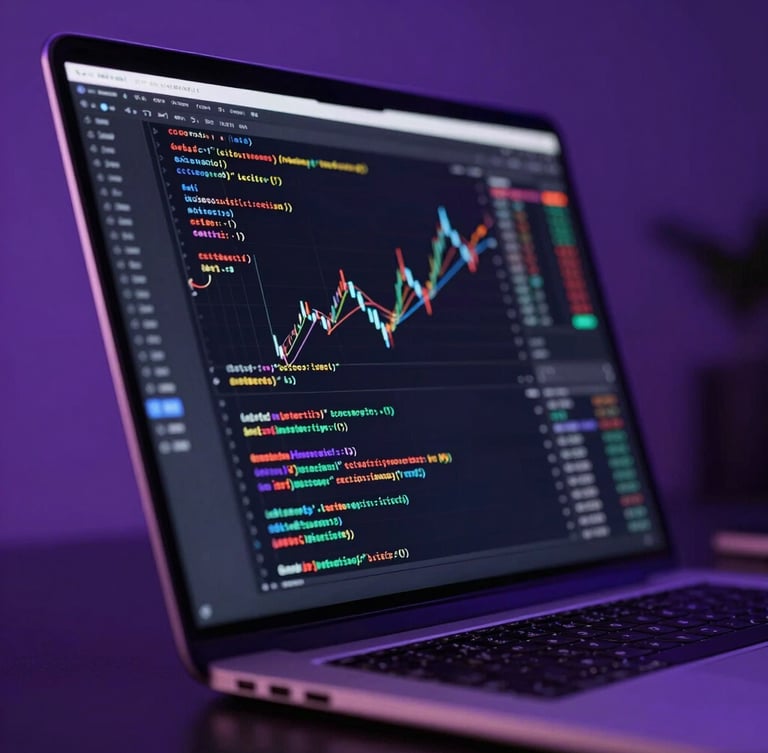 Extreme close-up of a high-end aluminum laptop screen displaying lines of clean code and abstract financial charts, moody purple backlighting, dark ambient studio setting.