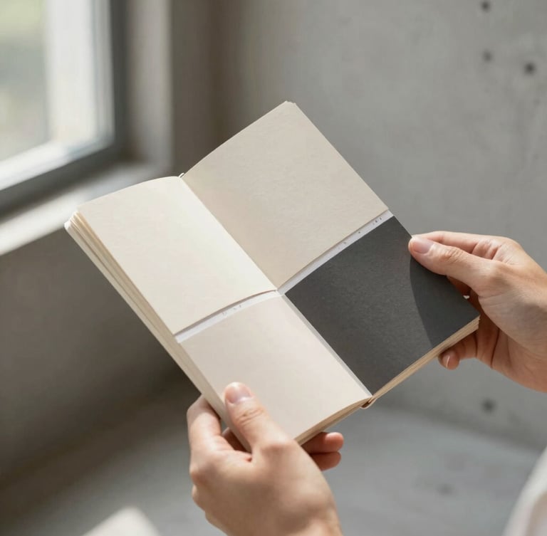 Hands holding a physical paper swatch book against a clean concrete background, soft natural light from a window.