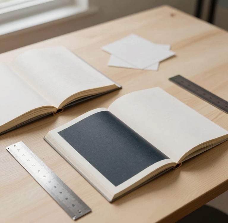 Flat-lay of open architectural books, custom paper swatches, and a steel ruler on a warm cream wooden studio table, soft window light.