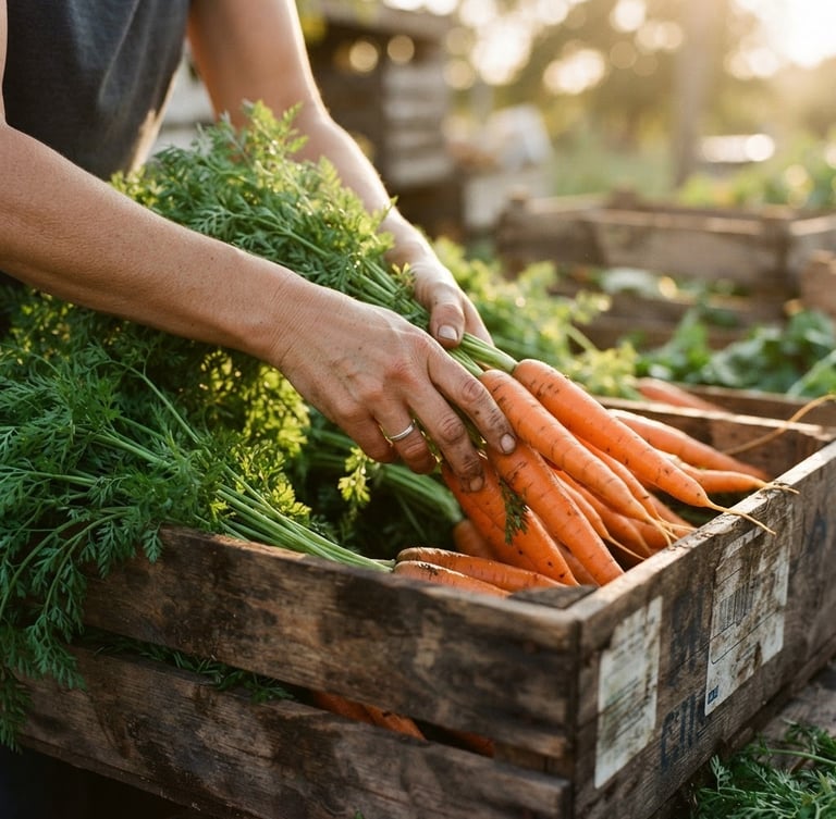 Close-up of hands sorting vibrant fresh carrots and leafy greens into wooden crates, warm golden-hour sunlight, shallow depth of field, 35mm film style