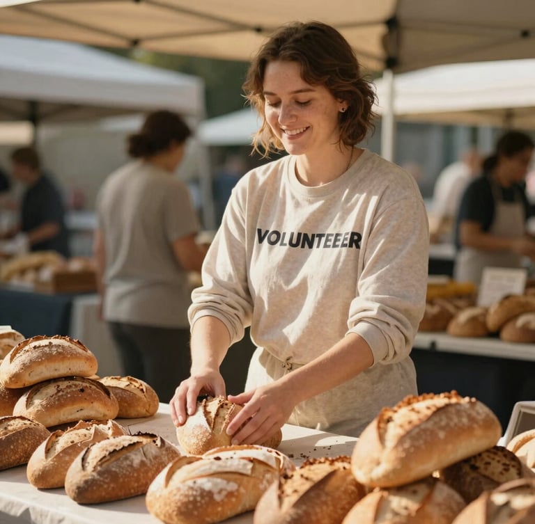 A warm, natural portrait of a volunteer smiling while arranging fresh bread on a market table, soft golden-hour sun, organic tones, shallow depth of field.
