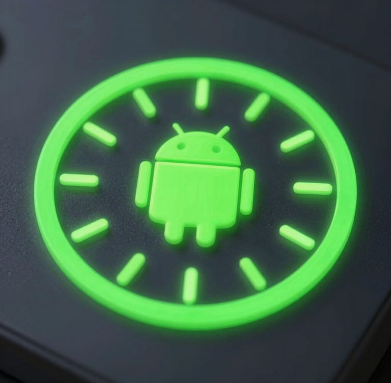 Extreme macro shot of a vibrant 3D digital render showing a glowing neon-green dial on a dark charcoal Android widget interface, soft physical shadows, macro depth of field