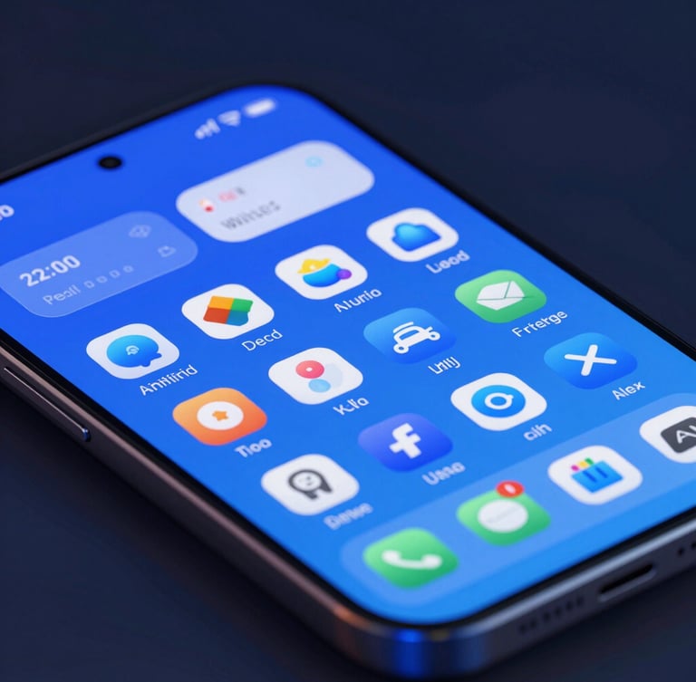 Close-up of a customized Android home screen displaying clean, electric-blue utility widgets, dark studio environment, neon glow, high-fidelity 3D render