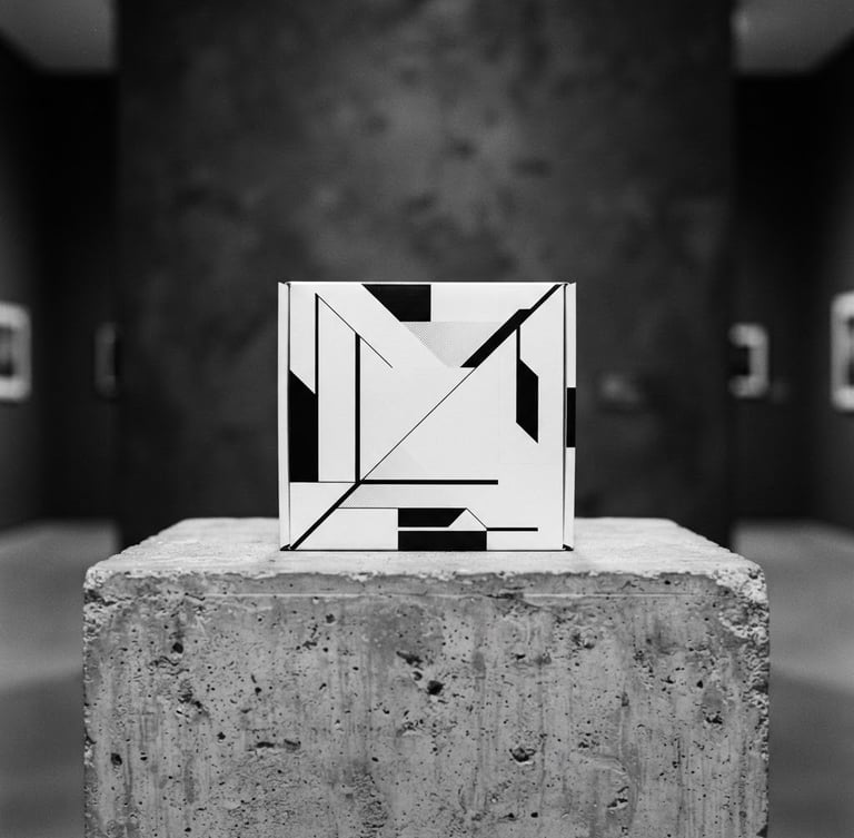 Straight-on, high-contrast studio mockup of a minimalist black and white packaging box on a raw concrete pedestal, soft museum lighting, sharp focus