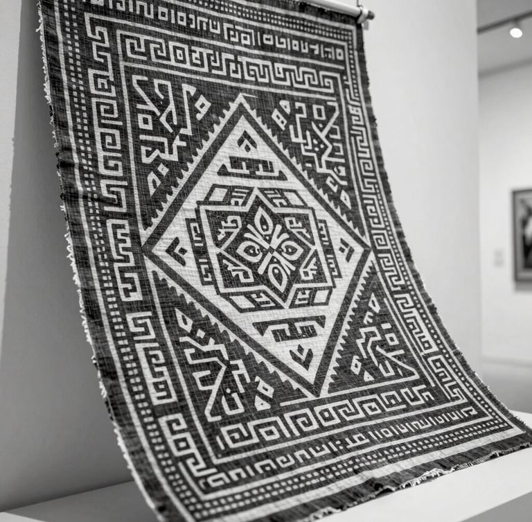 High-contrast monochrome close-up of textile artist Anwar Khan inspecting an indigo-dyed tapestry, soft gallery lighting, showing intricate block-printed geometric patterns.